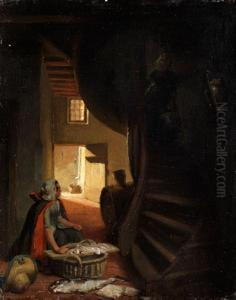 Treppeninterieur Mit Einer Jungen Frau Oil Painting by Henri van Seben