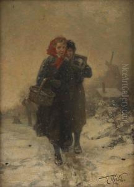 Jeunes Filles Dans La Neige Oil Painting by Henri van Seben