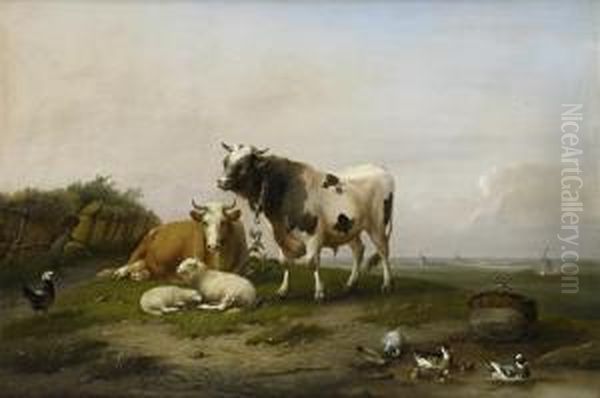 Cattle, Sheep And Poultry In A Landscape Oil Painting by Franz van Severdonck