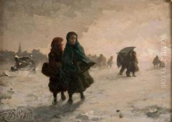 Promenade Sous La Neige Oil Painting by H. Van Sibert