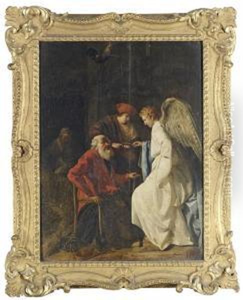 Tobias And The Angel Curing Tobit Of Blindness Oil Painting by Hendricksz Amersfoort Van Simon