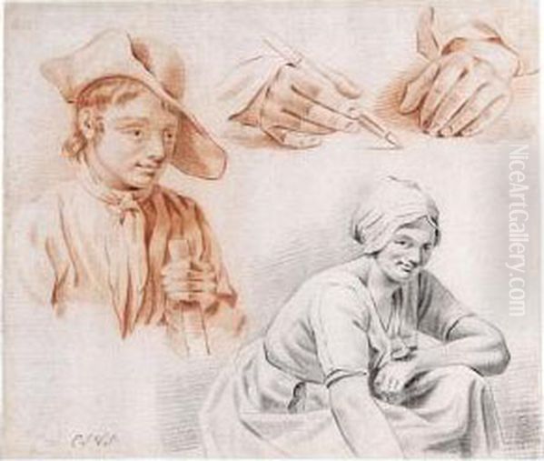 Studies Of A Boy, A Young Woman And Of A Pair Of Hands Holding A Pencil Oil Painting by Karel Jakob Baar Van Slangenburgh