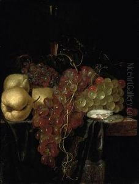 Oysters, Lemons, Cherries, Grapes, And A Glass Roemer On A Partly-draped Wooden Ledge Oil Painting by Lambert Van Slingelandt