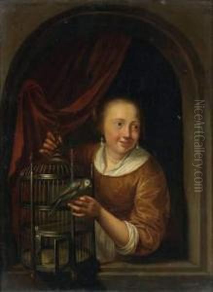 Jeune Fille A La Perruche, Dans Une Fenetre Cintree Oil Painting by Pieter Cornelisz. van SLINGELANDT