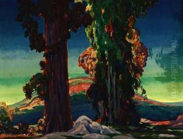 Eucalyptus Trees In A California Landscape Oil Painting by Frank J. Van Sloun