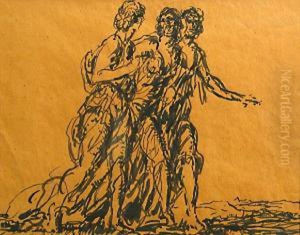 Untitled (three Figures) Oil Painting by Frank J. Van Sloun