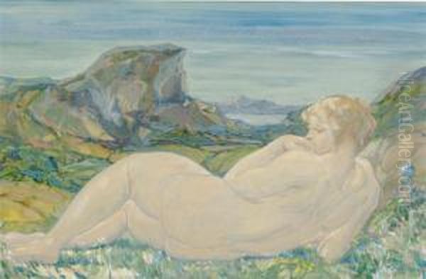 Reclining Nude In A Landscape; And A Companion Drawing Oil Painting by Frank J. Van Sloun