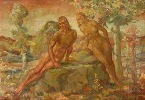 Adam And Eve With The Serpent In The Garden Of Eden Oil Painting by Frank J. Van Sloun