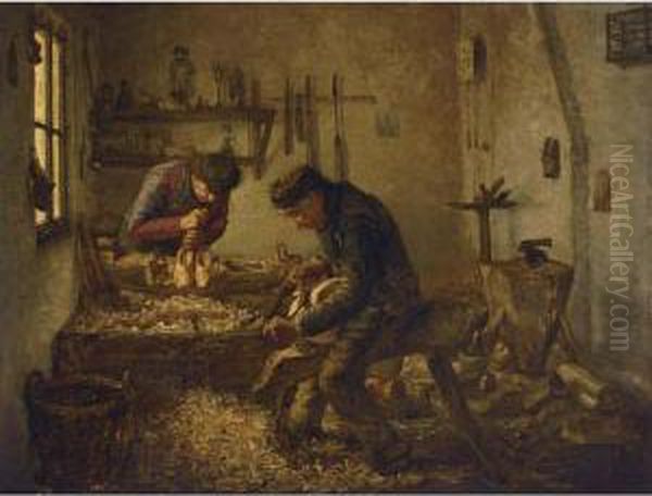 Clog Makers At Work Oil Painting by Joseph Van Snick