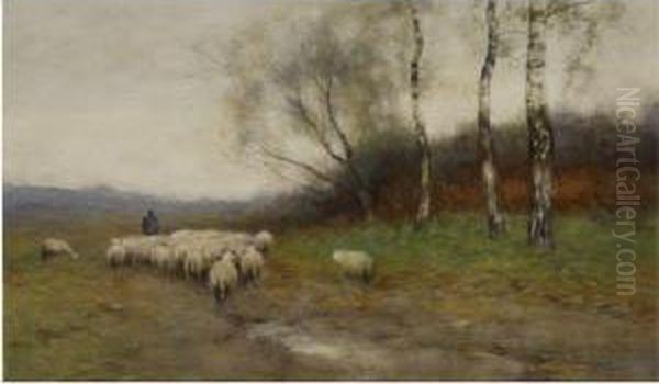 A Shepherd With His Flock Oil Painting by Louis Willem Van Soest