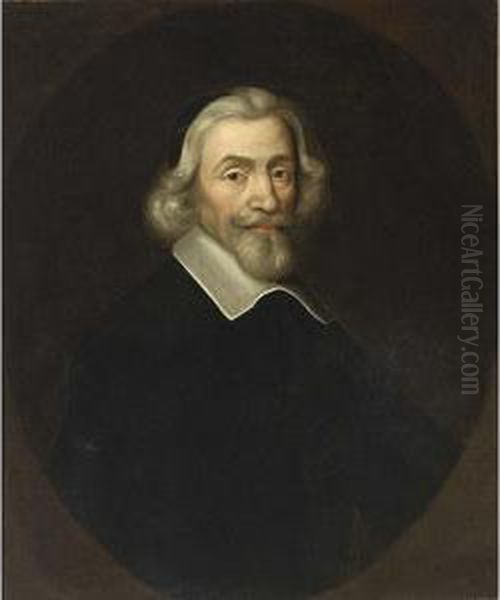 Portrait Of A Clergyman, Aged 75, Bust Length In A Painted Oval Oil Painting by Jan Van Somer