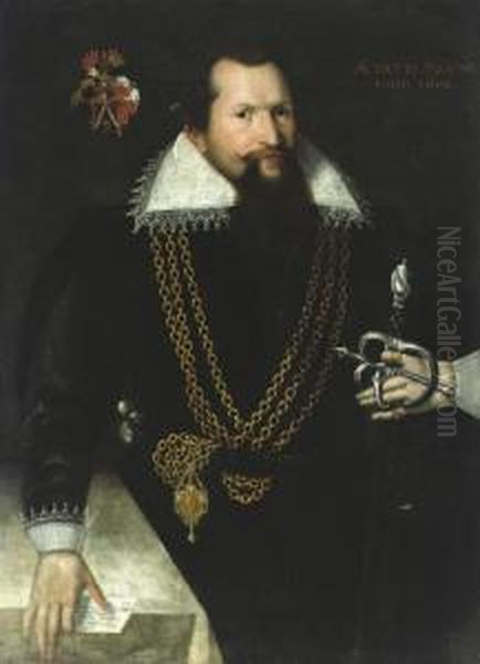 Portrait Of A Gentleman, Three-quarter-length, In A Black Doublet With A Medallion On A Gold Chain, A Sword In His Left Hand, A Letter In His Right Oil Painting by Paulus Van Somer