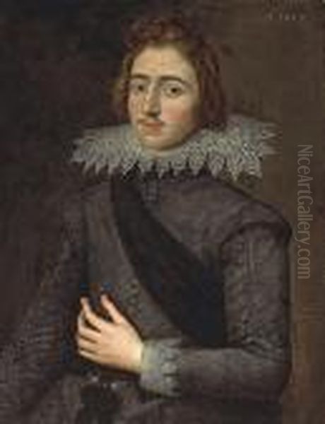 A Portrait Of A Gentleman, Half-length,wearing A Black Doublet And A Lace Collar Oil Painting by Paul Ii Van Somer