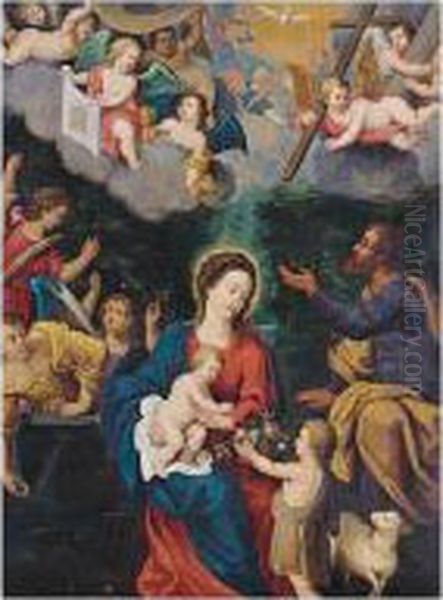 The Holy Family With The Infant Saint John The Baptist In A Landscape, Above Angels Carrying The Symbols Of The Passion, The Cup Of The Eucharist And The Veil Of Saint Veronica Oil Painting by Pieter Van Sompel