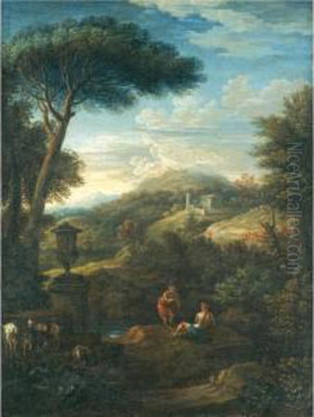 An Italianate Landscape With Shepherds Resting With Their Flock By A Stream Oil Painting by Jan Frans van Son