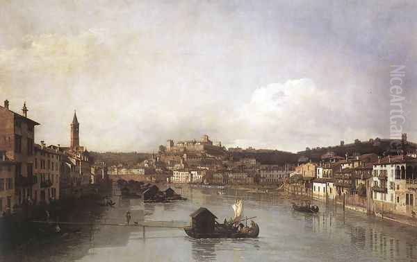 View of Verona and the River Adige from the Ponte Nuovo 1747-48 Oil Painting by Bernardo Bellotto