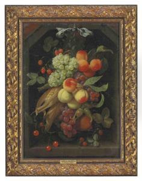 Peaches, Grapes, Nectarines, Strawberries, Cherries, Corn, A Pomegranate And Other Fruit Hanging From A Blue Ribbon In A Niche Oil Painting by Joris Van Son