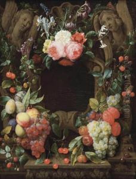 Pink Roses, Blackberries, Figs, Plums, Grapes, Cherries And Other Fruits And Flowers Surrounding A Stone Cartouche With Sculpted Angels Oil Painting by Joris Van Son