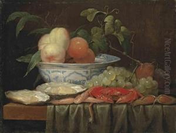 Peaches In A Porcelain Bowl, With Oysters, Prawns, A Crab, Grapesand Plums On A Partly Draped Wooden Table Signed With Initials 'j.v.s.' Oil Painting by Joris Van Son