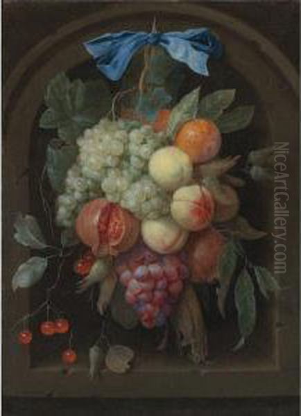 Still Life Of Grapes, Peaches, A Pomegranate And Other Fruithanging From A Nail Before A Stone Niche Oil Painting by Joris Van Son