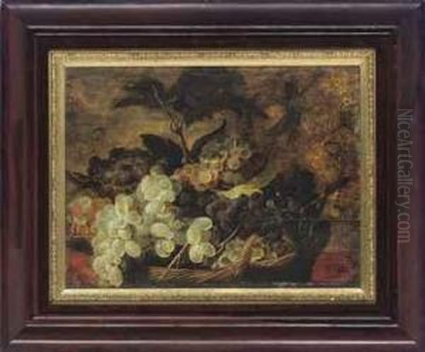 Red And White Grapes In A Wicker Basket Oil Painting by Joris Van Son