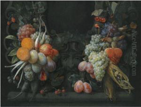 Grapes And Other Fruits And Maize Surrounding A Stone Cartouchewith A Sculpted Head Oil Painting by Joris Van Son