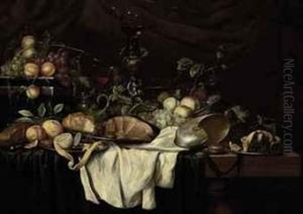 Grapes, Peaches, Plums, Lemons, Oranges, A Conch, An Ornamentalroemer, A Ham, A Minced Pie And A Gilt Locket On A Green Velvetcord, On A Wooden Table With White And Green Drapes Oil Painting by Joris Van Son