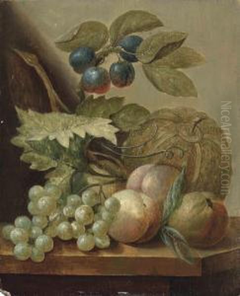 Peaches, Grapes, Plums And A Melon On A Ledge Oil Painting by Cornelis van Spaendonck