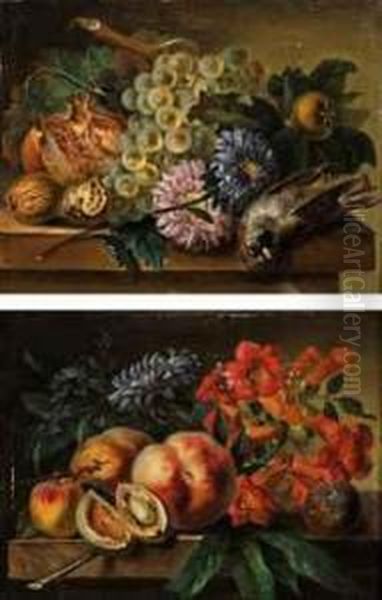 Peaches, Apricots, A Plum, Hyacinth And Other Flowers On A Stone Ledge; And Grapes On The Vine, A Fig, Walnuts, Flowers And A Dead Bird On A Stone Ledge Oil Painting by Cornelis van Spaendonck