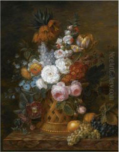 Still Life Of Roses, Lilacs, Imperial Crown, Auriculas, A Parrot Tulip And Other Flowers In A Basket, With Peaches And Blue And White Grapes, Set On A Marble Ledge Oil Painting by Cornelis van Spaendonck