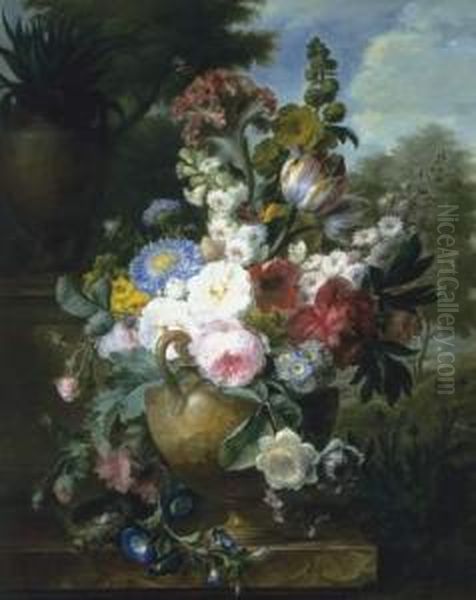 Bouquet De Fleurs Dans Un Vase Pose Sur Un Entablement De Marbre Avec Un Nid D'oiseaux Oil Painting by Cornelis van Spaendonck