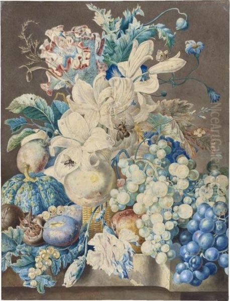 Still Life With Flowers And Fruit In A Basket Oil Painting by Gerard Van Spaendonck