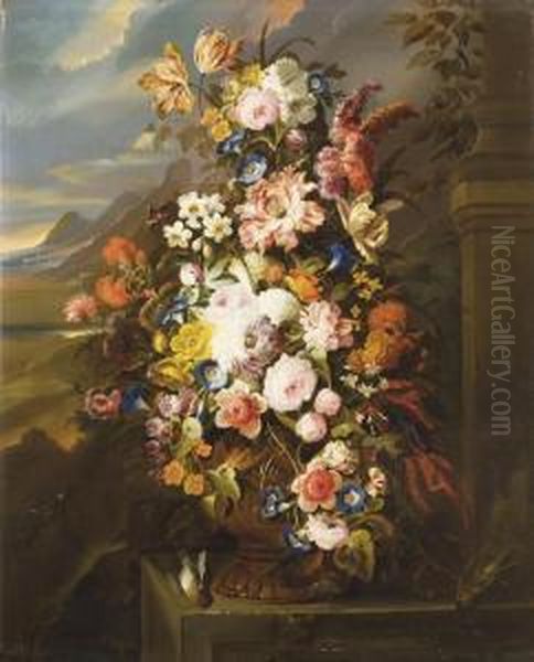 Roses, Tulipes, Pivoines, Liseron Et Autres Fleurs Dans Un Vase En Cuivre Sur Un Entablement En Pierre Oil Painting by Gerard Van Spaendonck