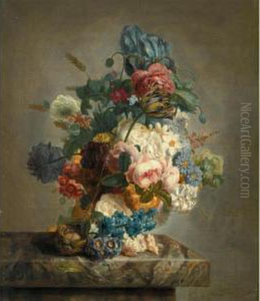 A Still Life Of Roses, Peonies, Irises, Primulae, A Variegated Tulip And Other Flowers, Together With A Birds Nest On A Marble Ledge Oil Painting by M. Van Spaey