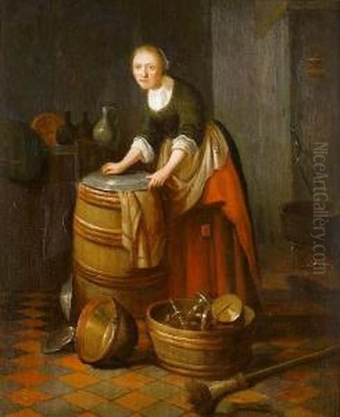 A Kitchen Interior With A Young Womanpolishing Brass Oil Painting by Jacob van Spreeuwen