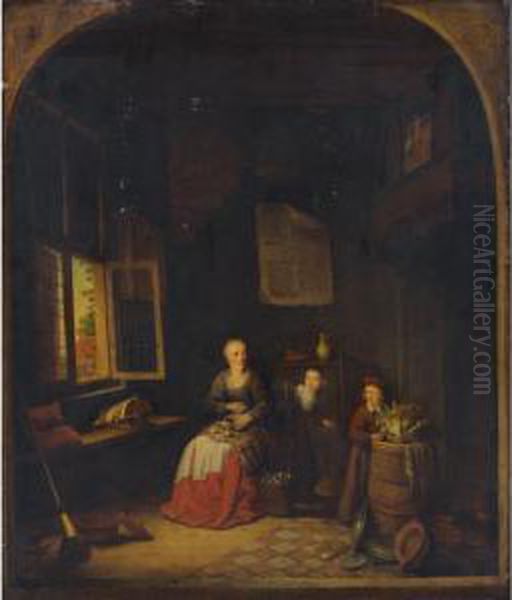 Interior Of A Kitchen With A Seated Woman Peeling Onions, A Child Hiding Behind Her, Another Child Putting A Cabbage On A Barrel Oil Painting by Jacob van Spreeuwen