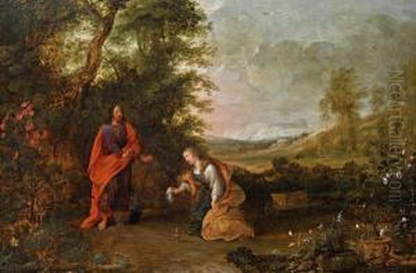 Noli Me Tangere - Waldlandschaft Mit Christus Als Gartner Und Maria Magdalena Oil Painting by Adriaan van Stalbemt