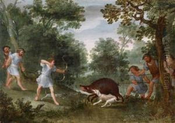 Wooded Landscape With A Wild Boar Hunt Oil Painting by Adriaan van Stalbemt