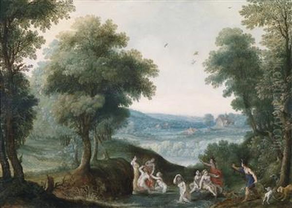 Diana With Her Nymphs And The Huntsman, Actaeon In A Wooded Landscape Oil Painting by Adriaan van Stalbemt