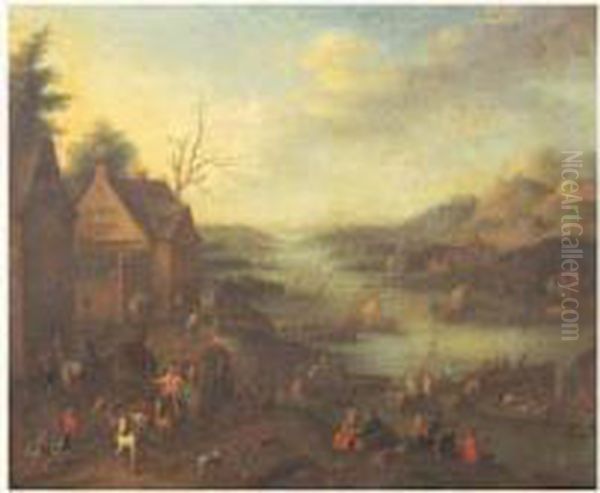 Paysage De Riviere Anime De Paysans Et De Pecheurs Oil Painting by Frans Van Stampart