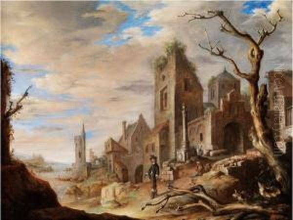 Architekturlandschaft Mit Flusslauf Und Figurenstaffage Oil Painting by An Adriansz Van Staveren