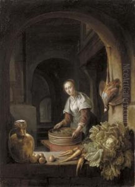 A Maid Preparing Vegetables In A Kitchen Oil Painting by An Adriansz Van Staveren