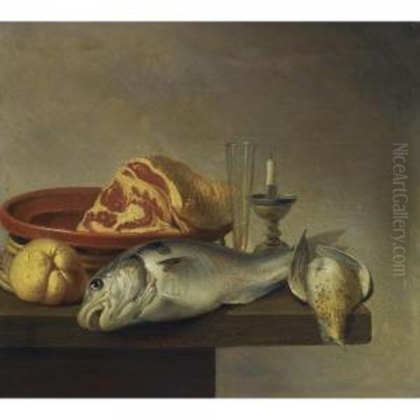 Still Life With A Ham, A Fish, A Candle And Other Objects Arranged On The Edge Of A Tabletop Oil Painting by Harmen van Steenwyck