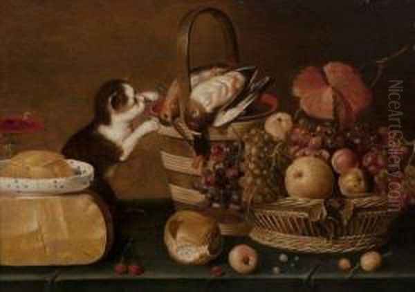 Nature Morte A La Corbeille De Fruits, Aux Oiseaux Et Auchat. Oil Painting by Harmen van Steenwyck