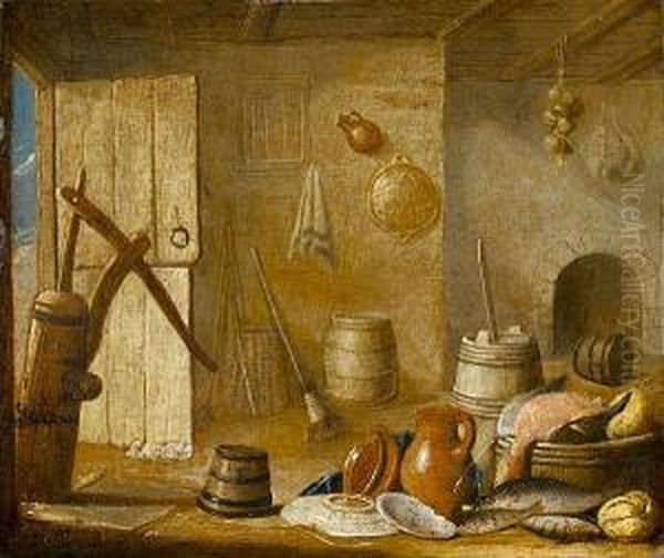 A Kitchen Interior With Dead Fish, Anearthenware Jug And Dishes Before A Fireplace Oil Painting by Harmen van Steenwyck