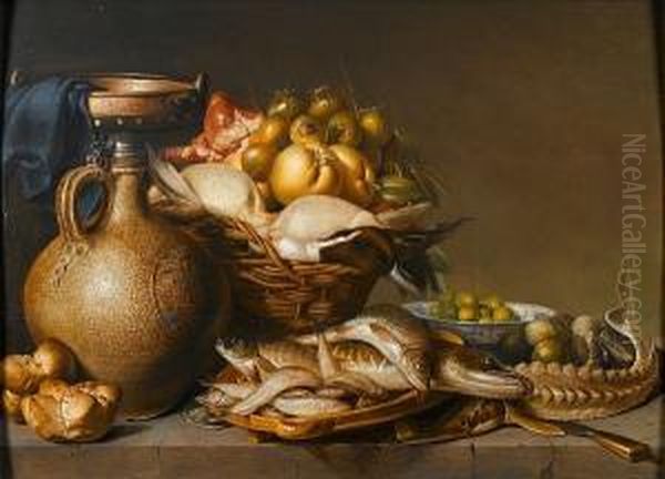 An Earthenware Bellarmine With A Basket Of Dead Ducks Onions And Offal With Wan-li Kraak Bowl Of Olives And An Earthenware Dish Of Freshwater Fish, Including Pike, Carp, Bream And Roach Next To A Sturgeon On A Table Top Oil Painting by Harmen van Steenwyck