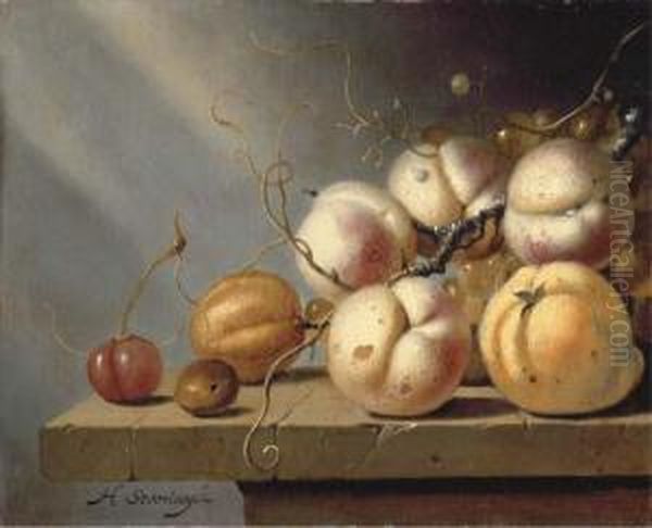 A Cherry, A Hazelnut, A Lemon, An Apricot, Peaches And Grapes On Astone Ledge Oil Painting by Harmen van Steenwyck