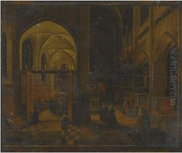 Interior Of A Gothic Cathedral At Night With A Mass Beingcelebrated In A Side Chapel Oil Painting by Hendrik Van Steenwijk