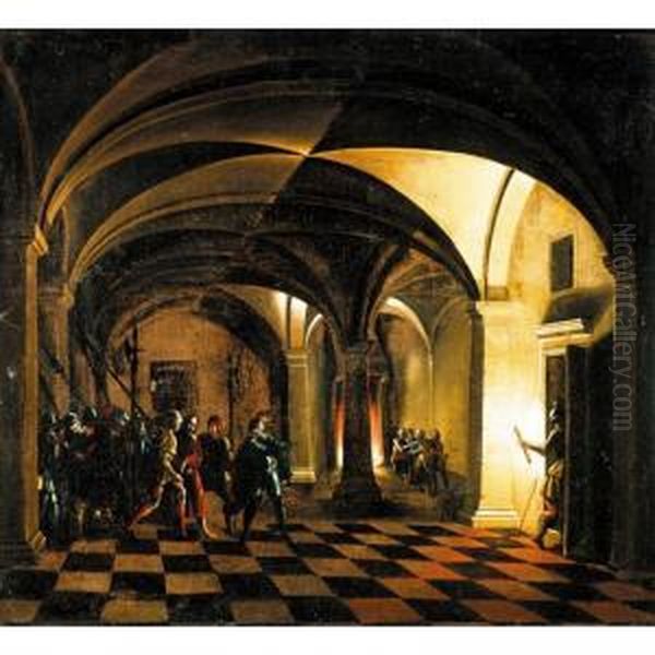 Nocturnal Church Interior With The Taking Of Christ And The Denial Of Saint Peter Beyond Oil Painting by Hendrik Van Steenwijk