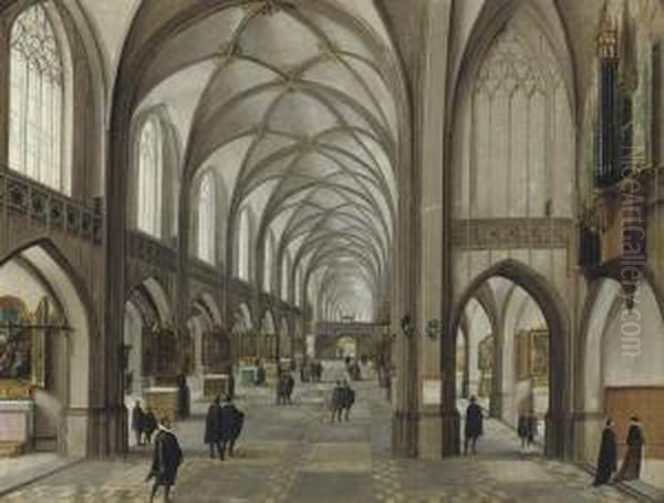 A Gothic Church Interior With Elegantly Dressed Figures Oil Painting by Hendrik Van Steenwyck I